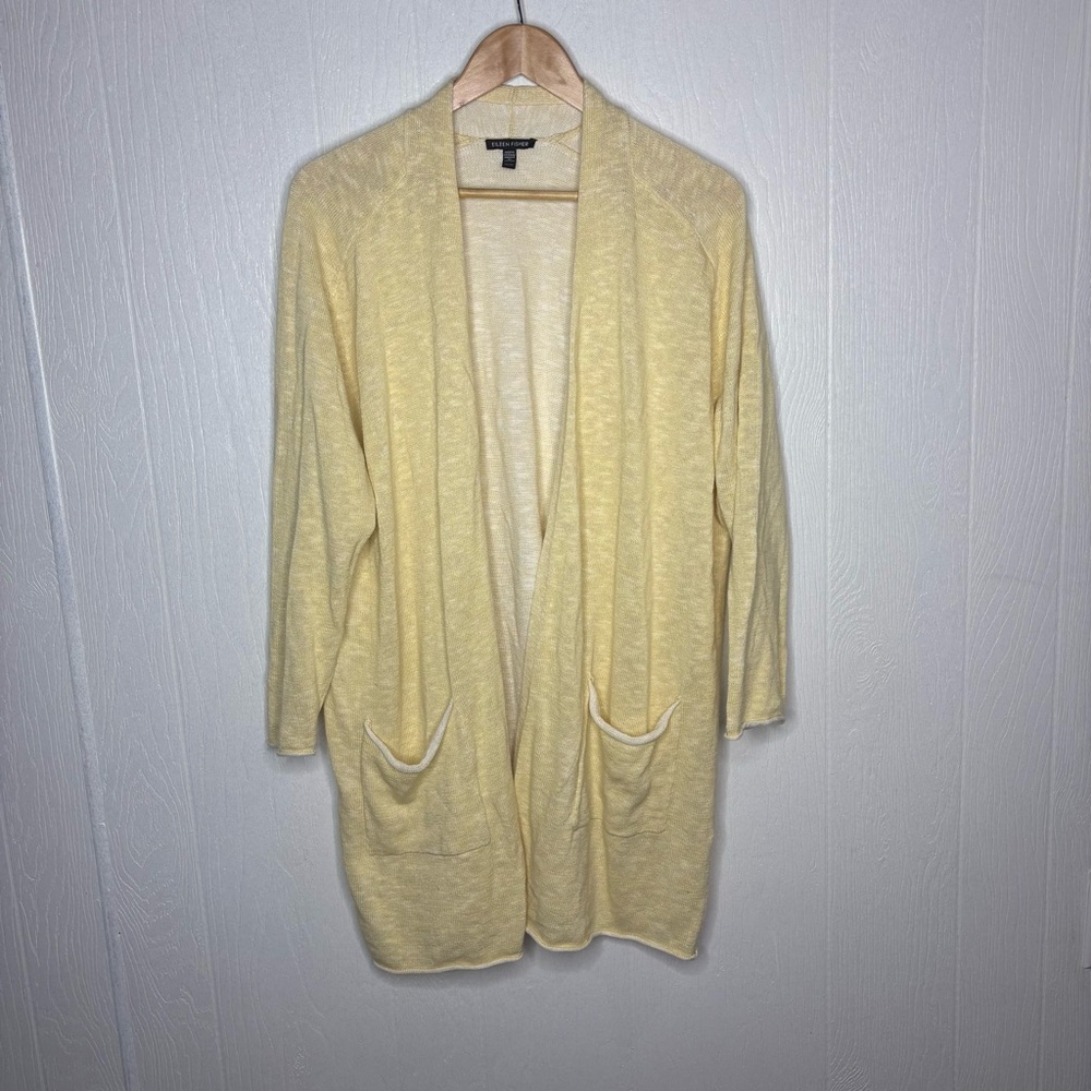 EILEEN FISHER Organic Cotton Linen Slub Long Cardigan In Yellow size XL